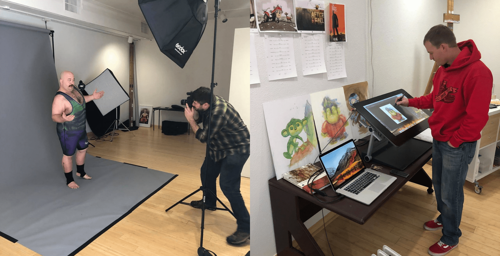 A photographer and subject in a studio opposite an artist drawing on a tablet