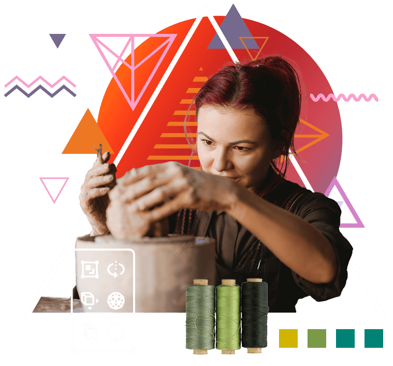 RMCAD Fine Arts student sculpting, surrounded by graphic design elements, fashion design thread, and 3D-modeling UI elements.