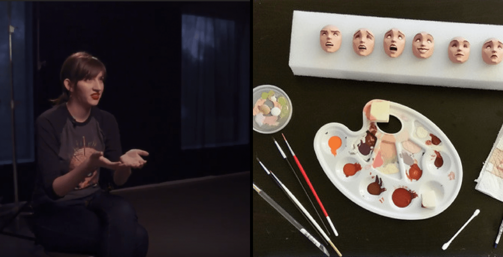 a photo of a woman seated opposite a photo of a palate and brushes