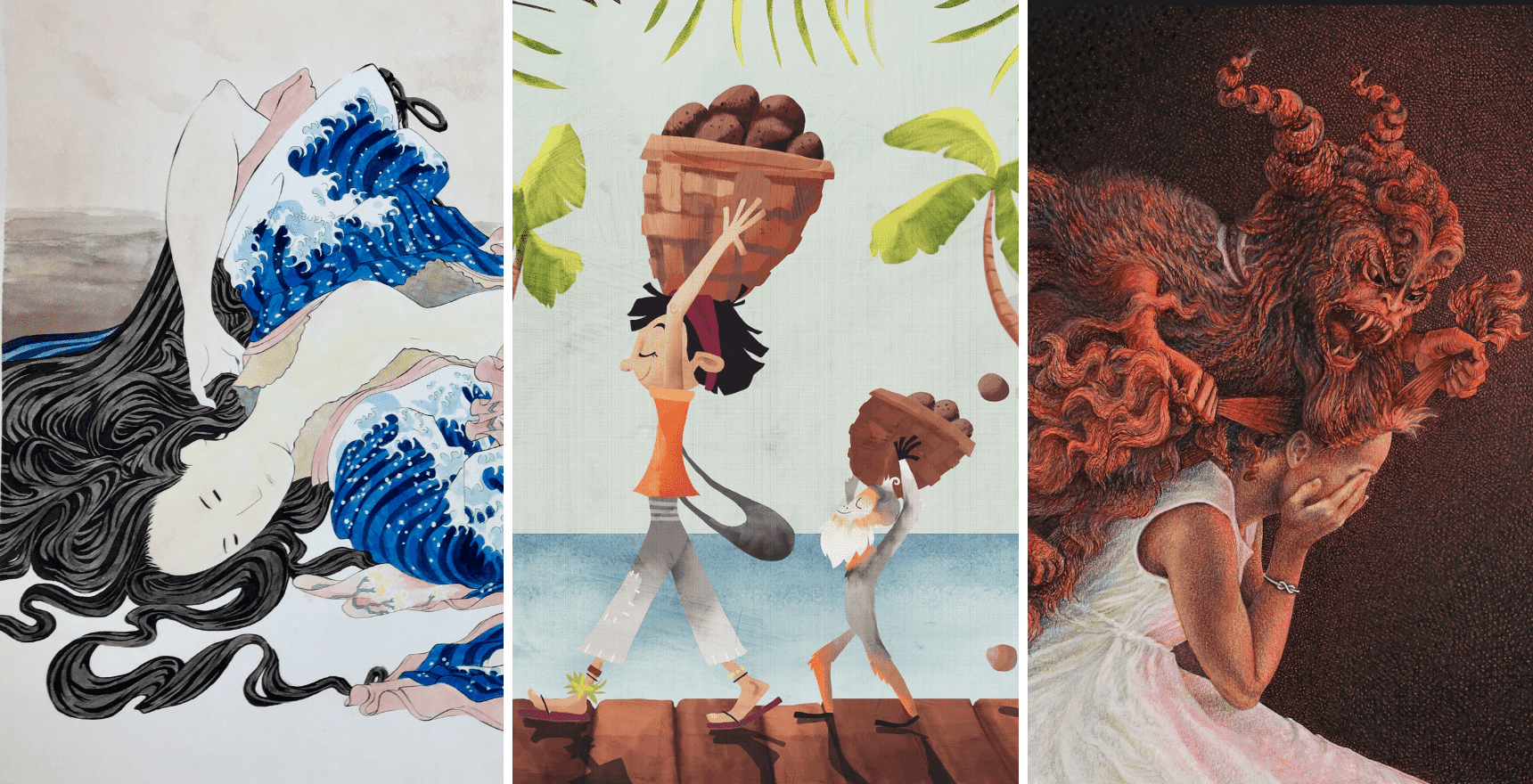three drawn works: a nude woman reclined her garments forming tsunami in traditional japanese style, a boy and monkey carrying coconuts in a basket on a pier, and a young girl covering her face with a demonic monkey on her back pulling her hair.