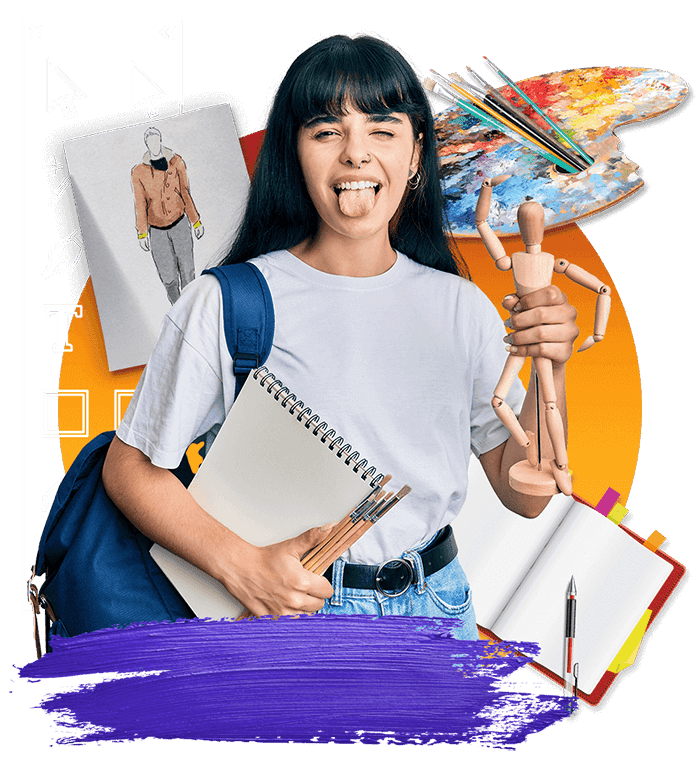An art school freshman surrounded by her creative tools and elements